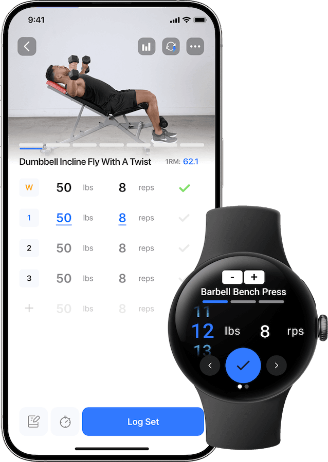Jefit app on iPhone and Pixel Watch showing a workout being logged